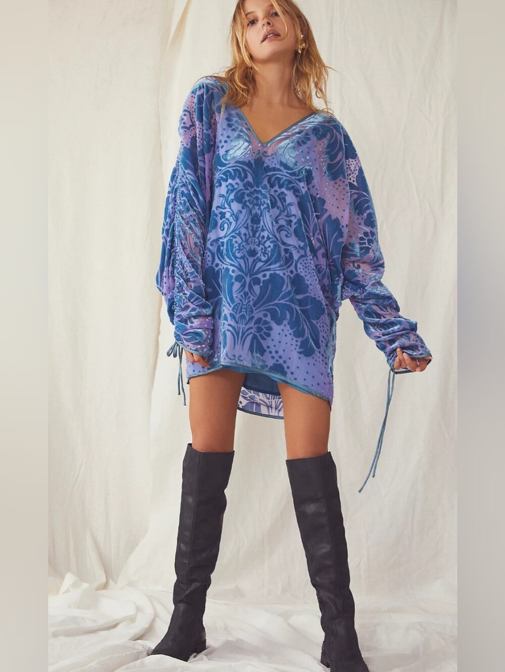 Free People Florence Frock Dress Jacquard Velvet V-Neck Slouchy Ruched Sleeves